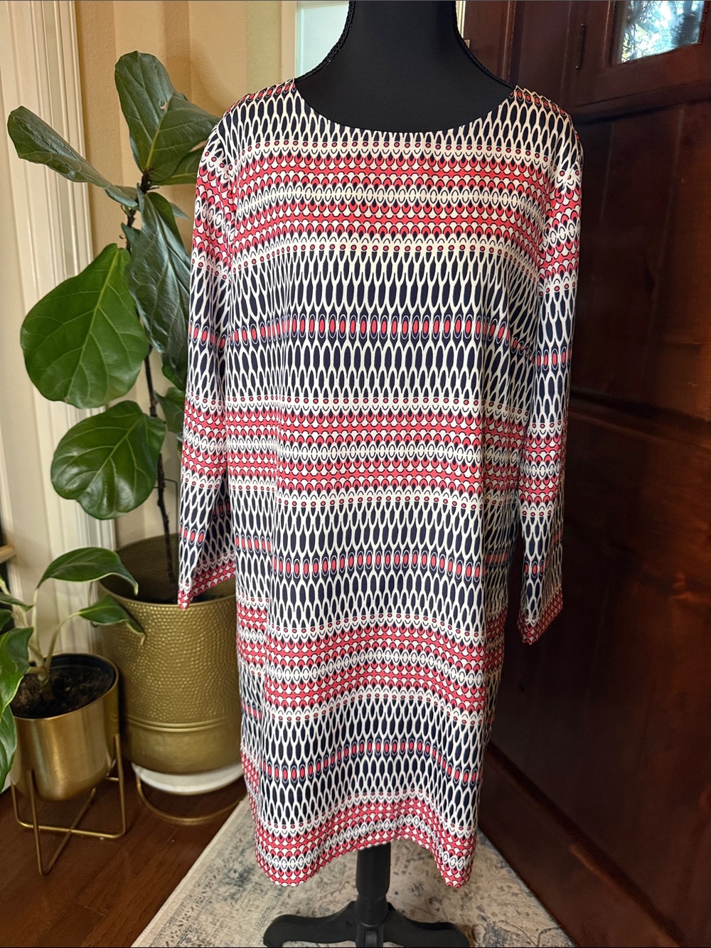 J.Crew Printed 3/4 Sleeve Gallery Shift Dress Pink Navy Geometric Size 12